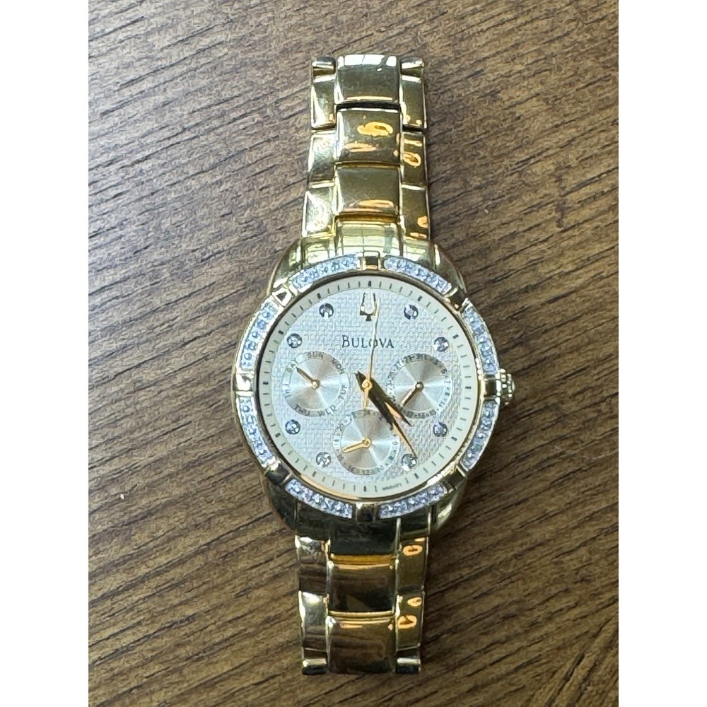 Bulova Maribor 98R171 Gold Tone Watch Diamond Bezel Day Date Women 36mm
